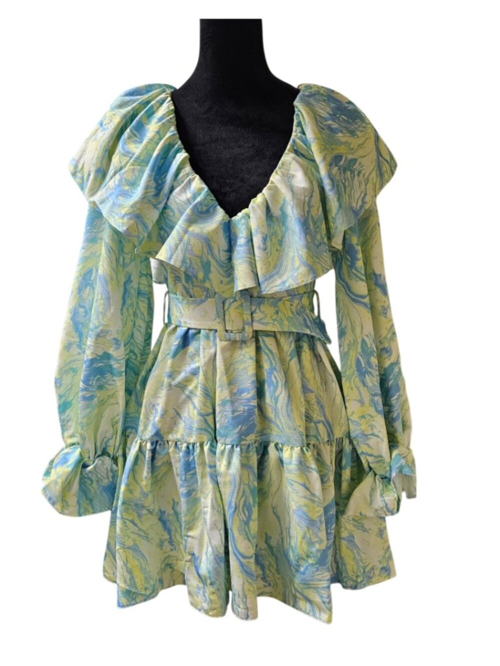 Ruffled V-Neck Belted Mini Dress in Light Green and Blue-US Size 4